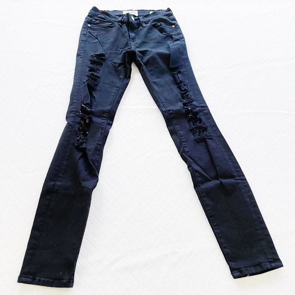 Frame Black Denim Le Skinny de Jeanne Zip Fly Jeans Distressed Cutouts SZ24 - Picture 6 of 8